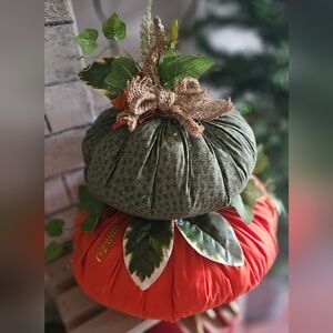 Hand Crafted, Decorative Green and Orange Fabric Pumpkin